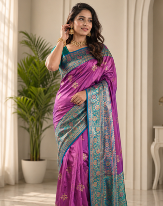 magenta color intricate color thread weaving design rich weaving pallu benarasi silk blend sarees