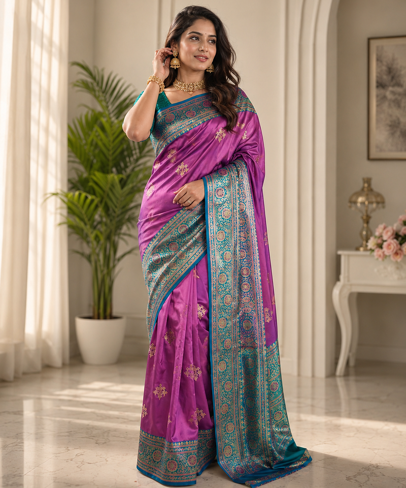 magenta color intricate color thread weaving design rich weaving pallu benarasi silk blend sarees