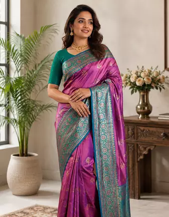 magenta color intricate color thread weaving design rich weaving pallu benarasi silk blend sarees