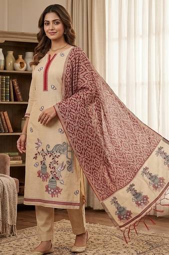 Maroon jamdani pichwai weaving banarasi dress material (3pcs)