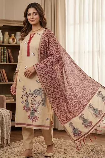 Maroon jamdani pichwai weaving banarasi dress material (3pcs)