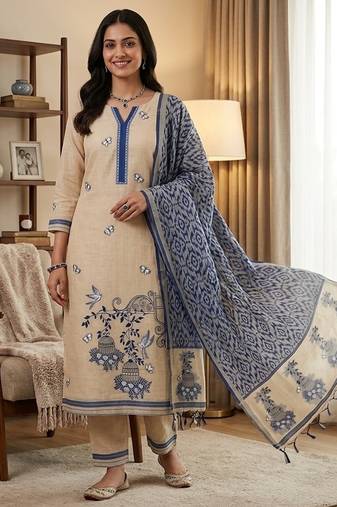 Navy blue jamdani pichwai weaving banarasi dress material (3pcs)