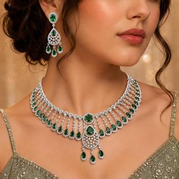 Emerald Green CZ Bridal Necklace Set, Silver Tone Choker with Earrings 1