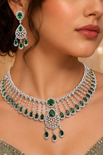 Emerald Green CZ Bridal Necklace Set, Silver Tone Choker with Earrings
