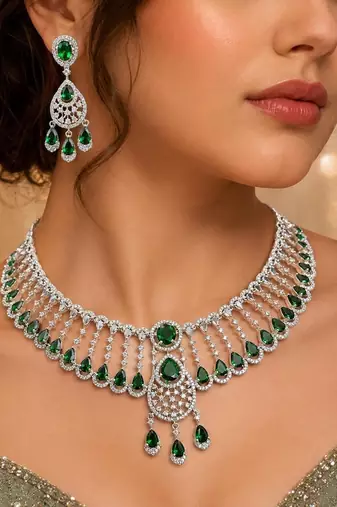 Emerald Green CZ Bridal Necklace Set, Silver Tone Choker with Earrings