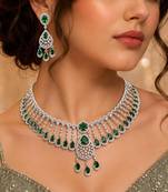 Emerald Green CZ Bridal Necklace Set, Silver Tone Choker with Earrings