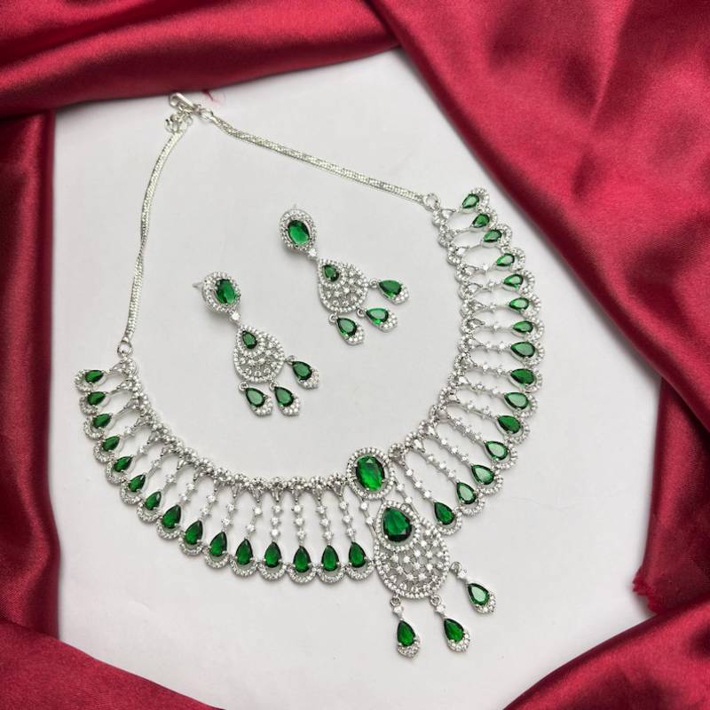 Emerald Green CZ Bridal Necklace Set, Silver Tone Choker with Earrings