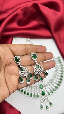 Emerald Green CZ Bridal Necklace Set, Silver Tone Choker with Earrings 3