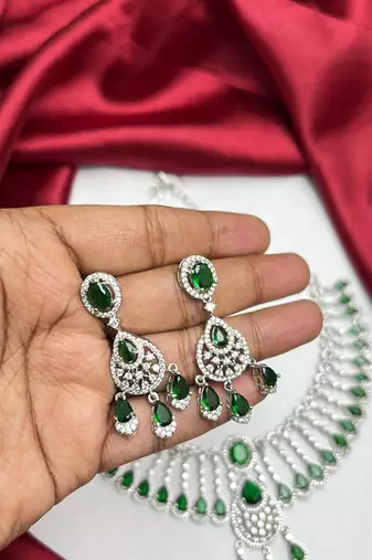 Emerald Green CZ Bridal Necklace Set, Silver Tone Choker with Earrings