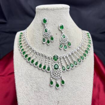 Emerald Green CZ Bridal Necklace Set, Silver Tone Choker with Earrings 4