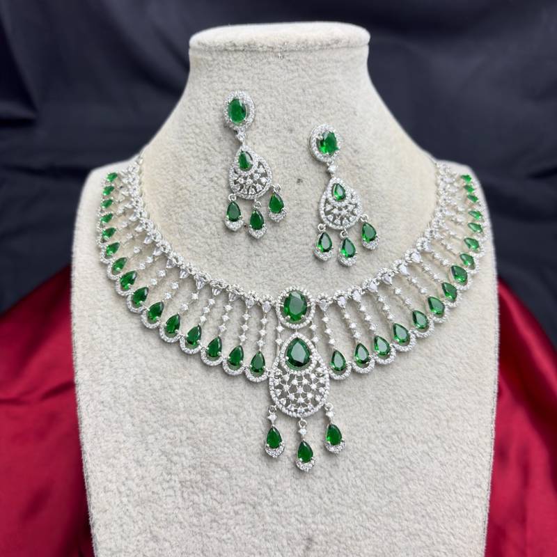 Emerald Green CZ Bridal Necklace Set, Silver Tone Choker with Earrings