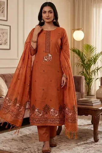 Orange jamdani pichwai weaving banarasi dress material (3pcs)