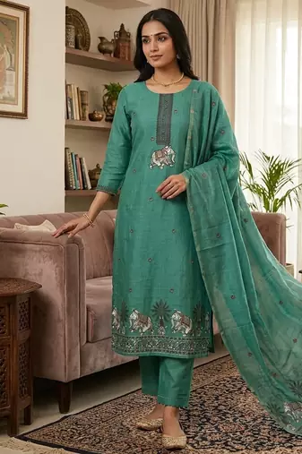 Teal jamdani pichwai weaving banarasi dress material (3pcs)