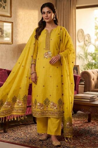 Yellow jamdani pichwai weaving banarasi dress material (3pcs)