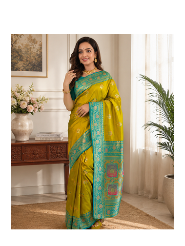 mustard yellow color intricate color thread weaving design rich weaving pallu benarasi silk blend sarees 1