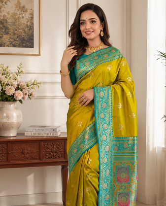 mustard yellow color intricate color thread weaving design rich weaving pallu benarasi silk blend sarees