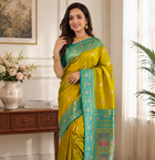 mustard yellow color intricate color thread weaving design rich weaving pallu benarasi silk blend sarees