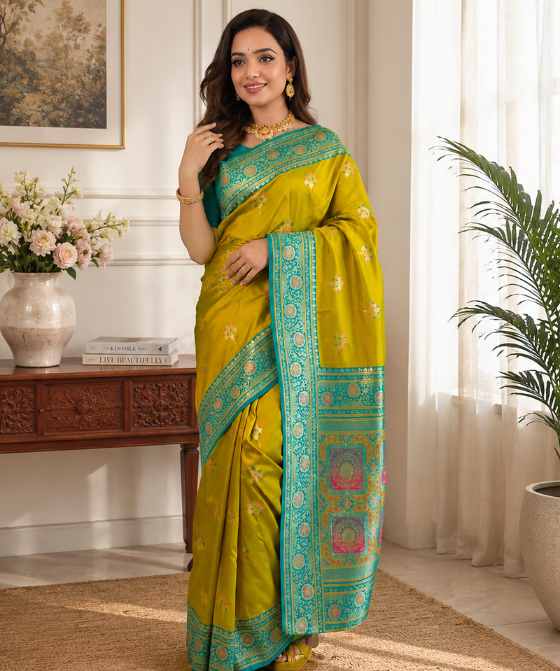 mustard yellow color intricate color thread weaving design rich weaving pallu benarasi silk blend sarees