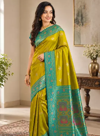mustard yellow color intricate color thread weaving design rich weaving pallu benarasi silk blend sarees