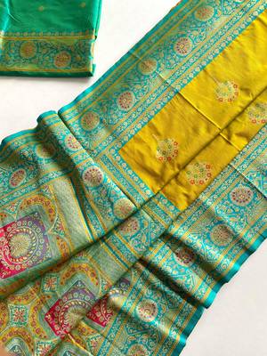 mustard yellow color intricate color thread weaving design rich weaving pallu benarasi silk blend sarees 4