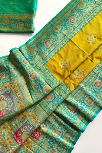 mustard yellow color intricate color thread weaving design rich weaving pallu benarasi silk blend sarees