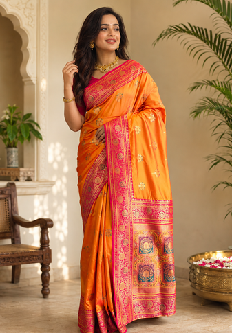 orange color intricate color thread weaving design rich weaving pallu benarasi silk blend sarees