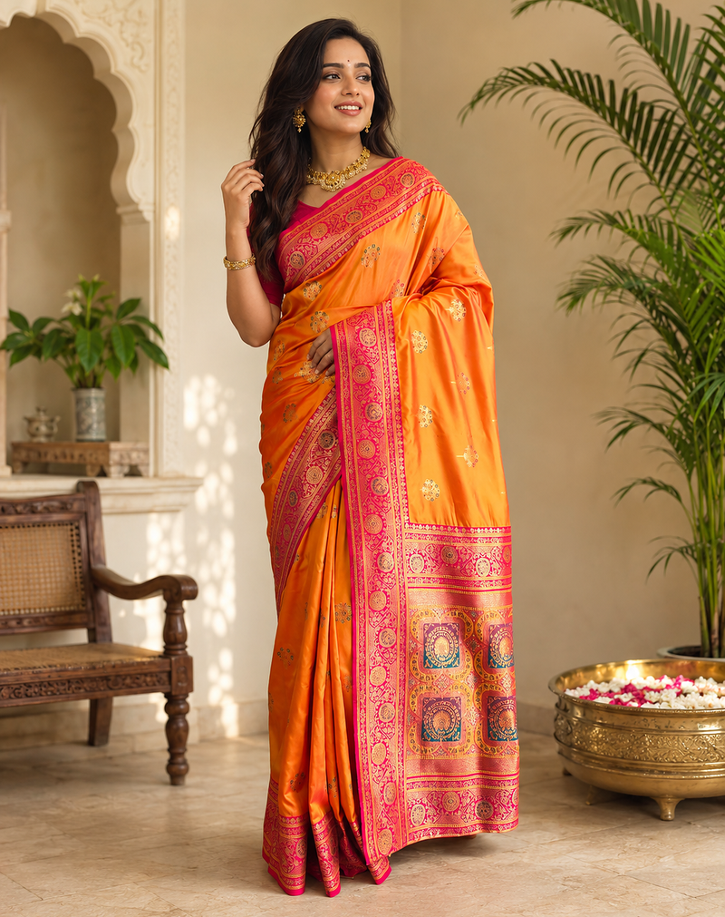 orange color intricate color thread weaving design rich weaving pallu benarasi silk blend sarees
