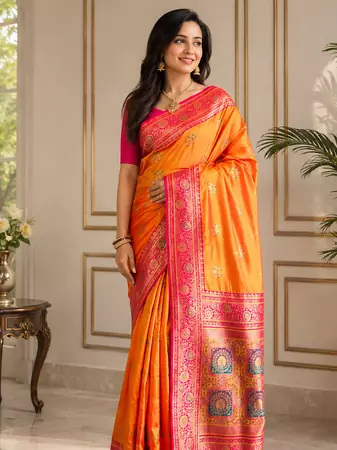 orange color intricate color thread weaving design rich weaving pallu benarasi silk blend sarees
