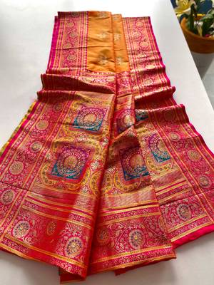 orange color intricate color thread weaving design rich weaving pallu benarasi silk blend sarees 3