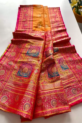 orange color intricate color thread weaving design rich weaving pallu benarasi silk blend sarees