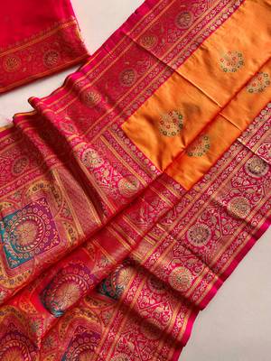 orange color intricate color thread weaving design rich weaving pallu benarasi silk blend sarees 4