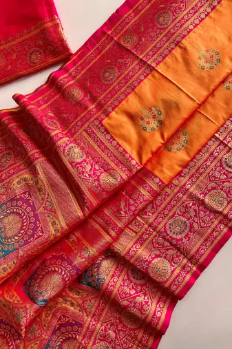 orange color intricate color thread weaving design rich weaving pallu benarasi silk blend sarees