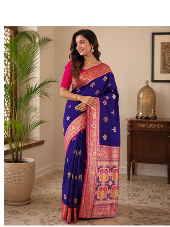 purple color intricate color thread weaving design rich weaving pallu benarasi silk blend sarees 1