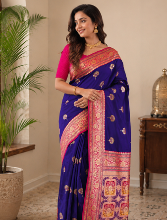 purple color intricate color thread weaving design rich weaving pallu benarasi silk blend sarees