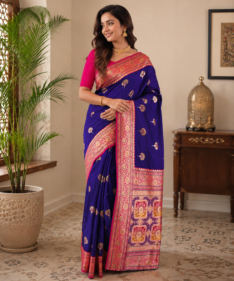 purple color intricate color thread weaving design rich weaving pallu benarasi silk blend sarees