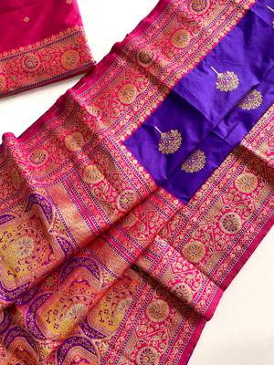 purple color intricate color thread weaving design rich weaving pallu benarasi silk blend sarees 4