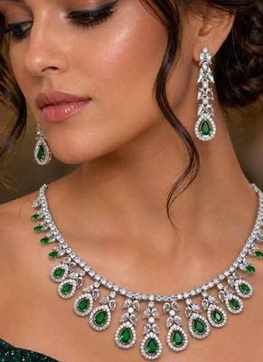 Emerald Green CZ Bridal Necklace Earrings Set, Silver Crystal Teardrop Wedding Jewelry 1