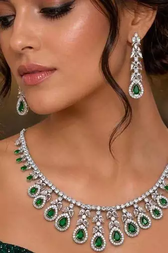 Emerald Green CZ Bridal Necklace Earrings Set, Silver Crystal Teardrop Wedding Jewelry