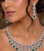 Emerald Green CZ Bridal Necklace Earrings Set, Silver Crystal Teardrop Wedding Jewelry