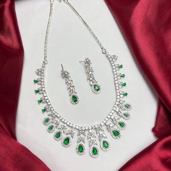Emerald Green CZ Bridal Necklace Earrings Set, Silver Crystal Teardrop Wedding Jewelry 2