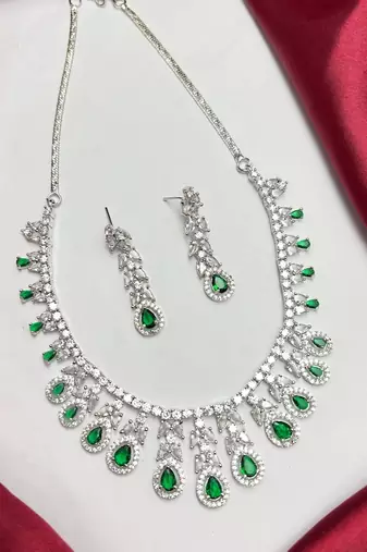 Emerald Green CZ Bridal Necklace Earrings Set, Silver Crystal Teardrop Wedding Jewelry