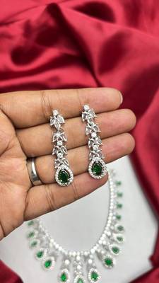 Emerald Green CZ Bridal Necklace Earrings Set, Silver Crystal Teardrop Wedding Jewelry 3