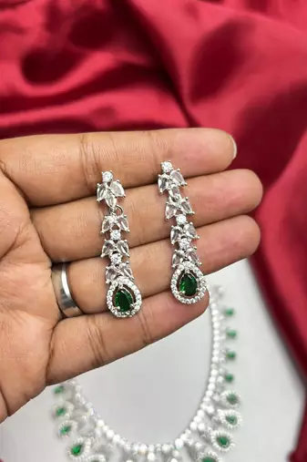 Emerald Green CZ Bridal Necklace Earrings Set, Silver Crystal Teardrop Wedding Jewelry
