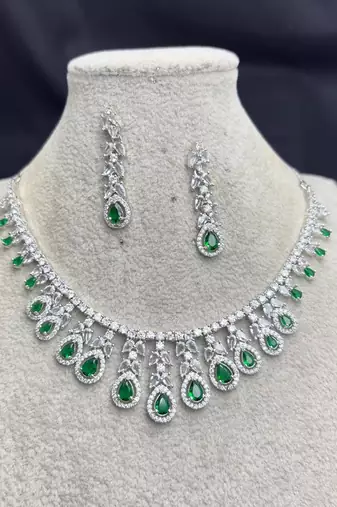 Emerald Green CZ Bridal Necklace Earrings Set, Silver Crystal Teardrop Wedding Jewelry