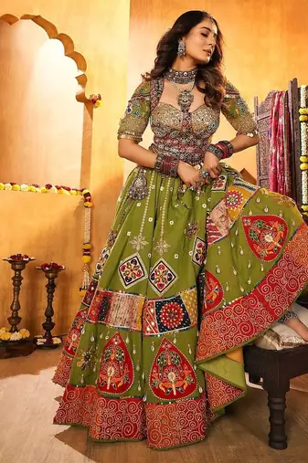 Green Cotton Navratri Lehenga Choli With Dupatta