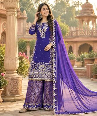 purple color embroidery and sequin work with lace border cotton kurti palazzo set 1