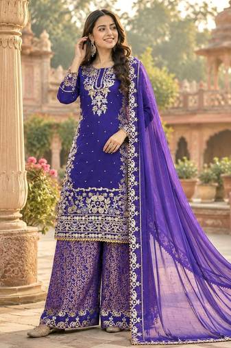 purple color embroidery and sequin work with lace border cotton kurti palazzo set