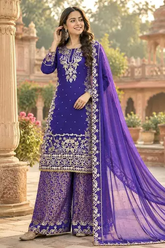 purple color embroidery and sequin work with lace border cotton kurti palazzo set