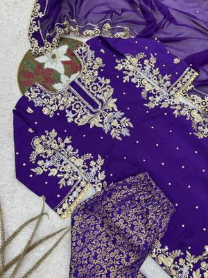 purple color embroidery and sequin work with lace border cotton kurti palazzo set 2