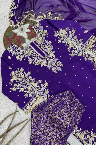 purple color embroidery and sequin work with lace border cotton kurti palazzo set